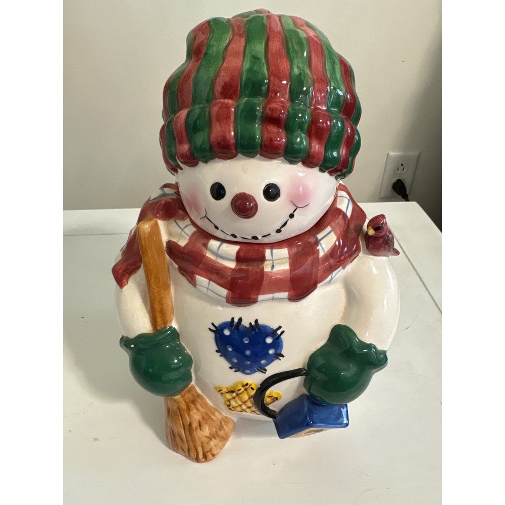 Holly Tree Snowman Cookie Jar Christmas Ceramic Holiday Canister Red Green 11in